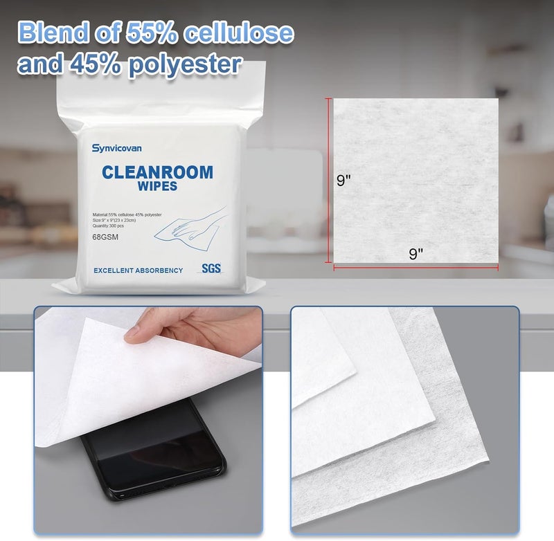Synvicovan Cleanroom Wipes 9"x9" (300 Pcs, Cellulose/Polyester Blend, Grade A, 68GSM) Lint Free Wipes for Laboratory, Electronics, Pharmaceutical,Printing,Automotives and Semiconductor Industries - Image 3